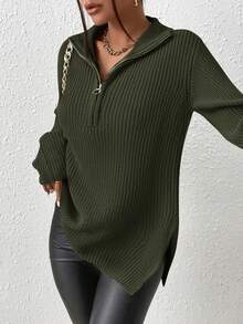SHEIN Frenchy Half Zip Drop Shoulder Grain Sweater In Fall/Winter Casual Green Christmas,Sweaters For Women - Dark Green - View 6