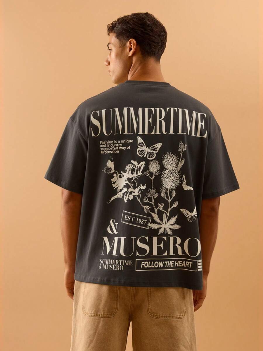 Musero Short Sleeve Back Graphic "SUMMERTIME" Print Crew Neck Tshirt Spring Summer Essentials - Dark Grey - View 1