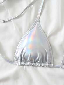 Swim Vcay 女士银色吊带系带性感比基尼上衣 - 銀色 - 查看 5