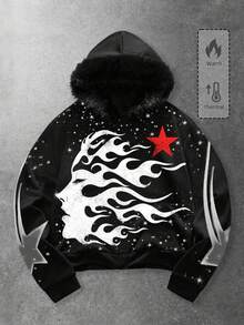 ROMWE MEN Street Life Áo nỉ trùm đầu in hình ngôi sao cho nam, viền lông, mát mẻ và thời trang, thu/đông, áo dài tay - màu đen - Xem 3