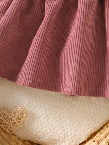 SHEIN 新生女婴白色长袖坑条纹拼接红色灯芯绒面料蝴蝶结连衣裙和头带优雅复古可爱 - 粉色 - 查看 4