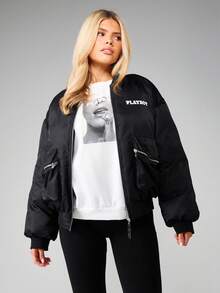 Missguided x Playboy Oversized Padded Zip Up Bomber Jacket With Logo Print For Fall Winter Outerwear - Black - View 1