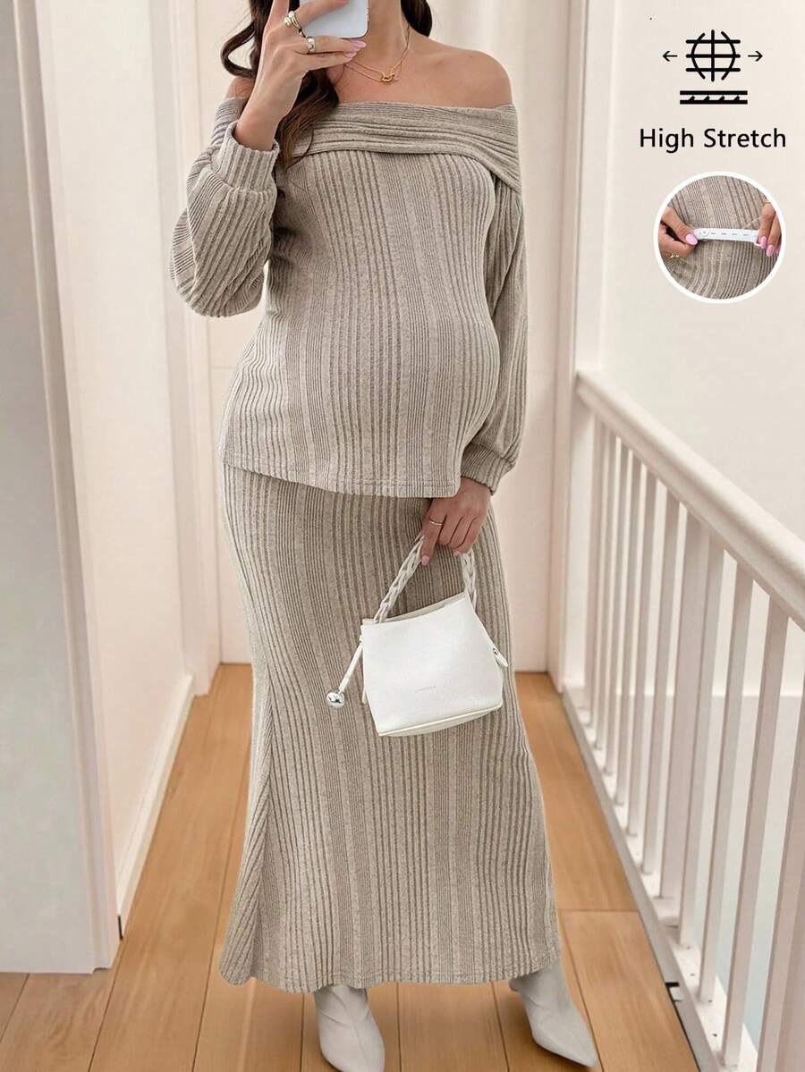 SHEIN 2pcs/Set Maternity Casual Off Shoulder Top & Long Skirt Knit Two Piece Set Maternity Two Piece Sets Two Piece Set Skirt 2 Piece Set Ribbed Two Piece Set - Khaki - View 1