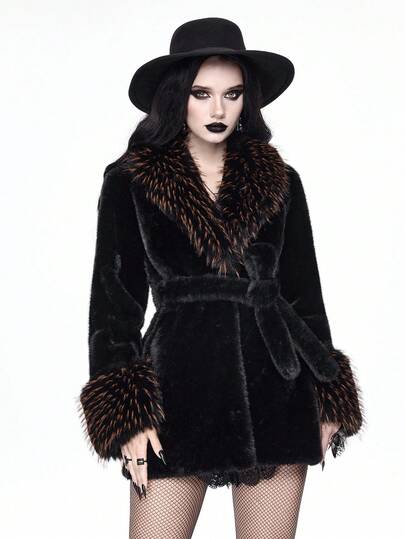 Damen Vintage Patchwork Jacke mit Kunstpelzkragen und Gürtel