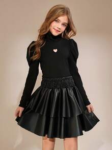 SHEIN 2件套 少女休闲圣诞新年红色T恤和红色格子裙 - 黑色 - 查看 2