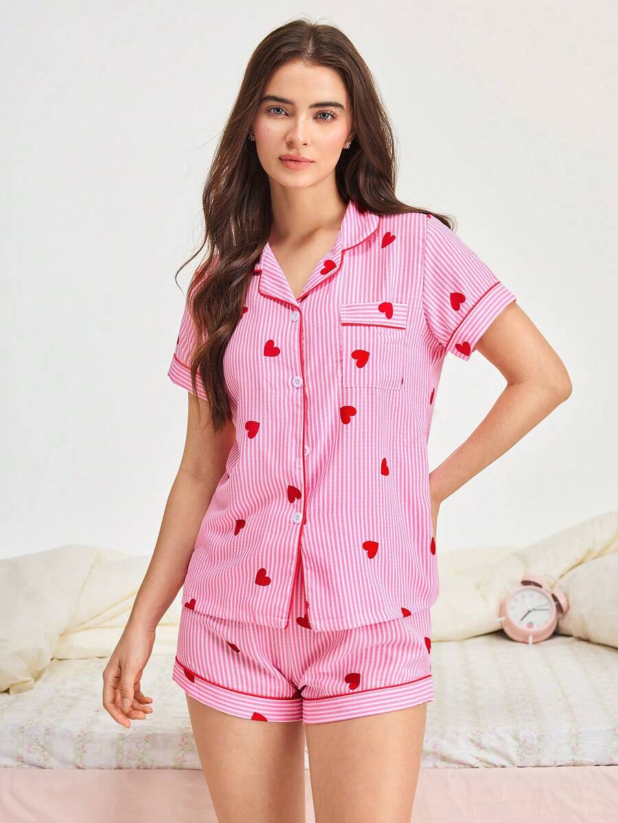 Bonmuse Conjunto de pijama de mujer con estampado de rayas y corazones, manga corta & pantalones cortos para el verano - Rojo - Ver 1