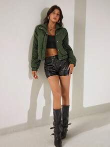 Franclia Chaqueta acolchada holgada de mujer en color verde militar con bloques de color, solapa, botones metálicos y cremallera, estilo casual de moda, hombros caídos, manga larga, puños elásticos, decoración de borde con bloques de color, bajo elástico, forrada, adecuada para capas, juegos de rol, salidas de Año Nuevo, primavera/otoño/invierno - Verde militar - Ver 4