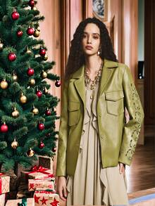 Chiquease Áo khoác blazer đi làm sang trọng, thoải mái và thanh lịch có ve áo, thêu cắt laser, tay dài dành cho nữ - màu xanh lá - Xem 8