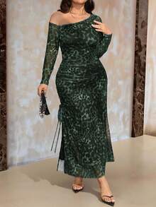 Roveilla Váy dài tay lệch họa tiết da báo cỡ lớn cho nữ - Màu xanh Ô liu - Xem 3