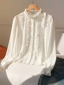 青少年白色衬衫，耳叶形蕾丝花边，长袖儿童衬衫，适合春秋季穿着，百搭女童立领上衣，学院风女童服装，珍珠纽扣儿童服装 - 白色 - 查看 1