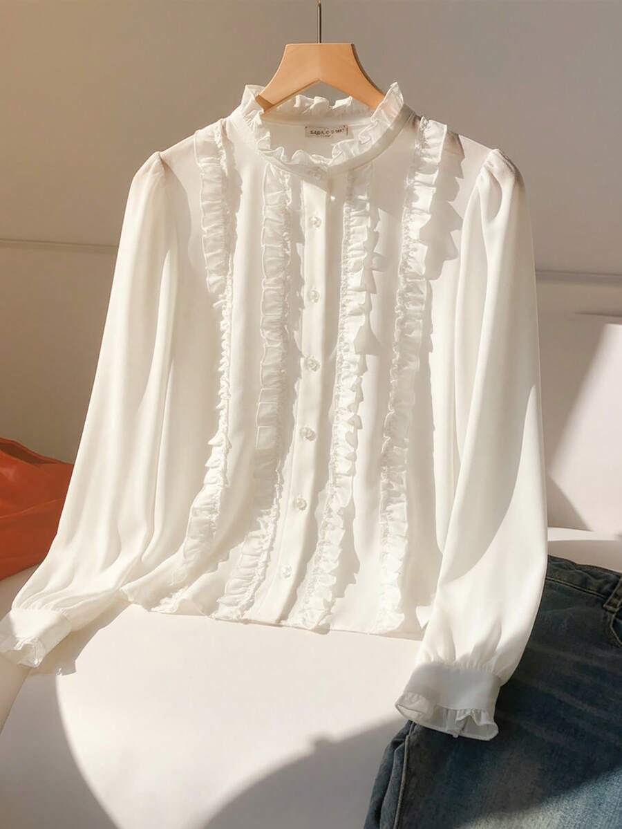 青少年白色衬衫，耳叶形蕾丝花边，长袖儿童衬衫，适合春秋季穿着，百搭女童立领上衣，学院风女童服装，珍珠纽扣儿童服装 - 白色 - 查看 1