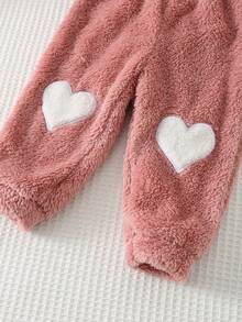 Cozy Pixies 2pcs Baby Girl Heart Pattern Fleece Thick Crew Neck Long Sleeve Pullover Top And Elastic Waist Ankle Length Pants Set - Pink - View 6