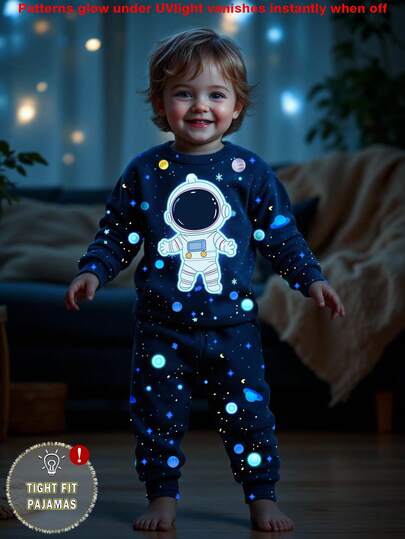 Young Boy Glow-In-The-Dark Space Astronaut Print Knit Elastic Top And Matching Full Print Elastic Comfortable Knit Pants Pajama Set, Autumn/Spring