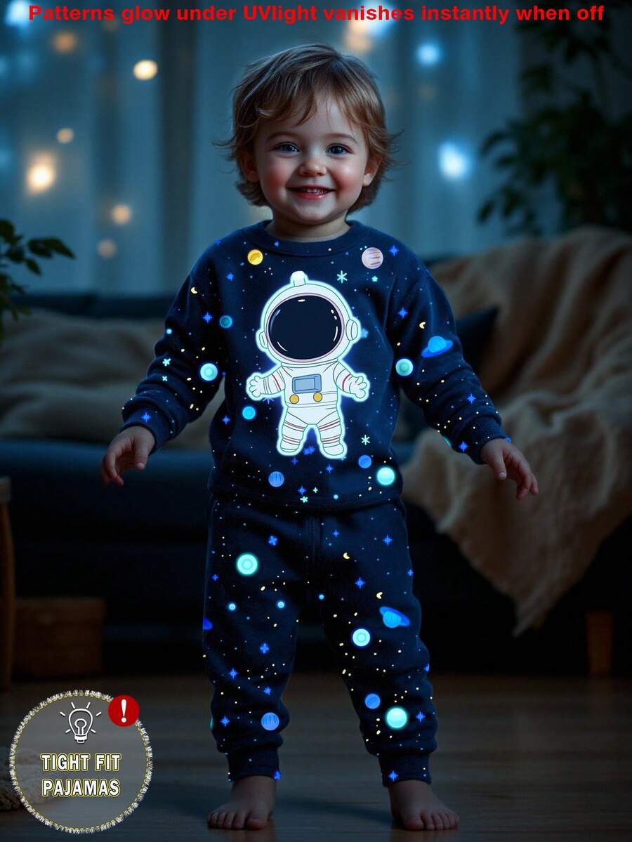 Young Boy Glow-In-The-Dark Space Astronaut Print Knit Elastic Top And Matching Full Print Elastic Comfortable Knit Pants Pajama Set, Autumn/Spring