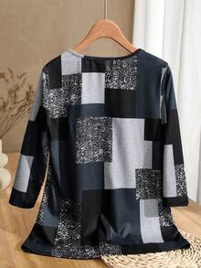 EMERY ROSE Women's Geometric Print Round Neck 3/4 Sleeve Casual Versatile T-Shirt, Suitable For Daily Wear