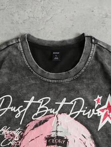 ROMWE MEN Street Life Men's Distressed Print Long Sleeve T-Shirt, Loose Fit - Black - View 3