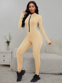 Zolique 立领半拉链长袖修身连体裤 - 杏色 - 查看 6