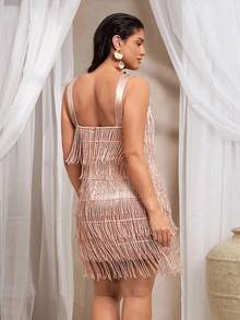 VOLUPTÉ CURVE Spring Summer Plus Size Sequin Fringe Sleeveless Mini Dress, Elegant Nude Pink Color Party, Birthday, Wedding - Gold - View 2