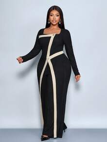 SOLERSUN 大码女装 性感优雅女装 秋季女装 秋季连体裤 女士套装 冬季女装 返校季感恩节女装 返校季服装，方领长袖黑杏色撞色拼接纽扣针织阔腿连体裤，适合通勤、办公、休闲购物、约会、日常穿着，2026，新年 - 黑色 - 查看 4