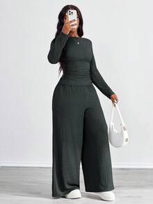 SHEIN PETITE CURVE مجموعة ملابس علوية كم طويل بطيات وبنطال ذو جيوب بنمط مزخرف للمقاسات الكبيرة، لونها بني 2 قطعة - رمادي - مشاهدة 5