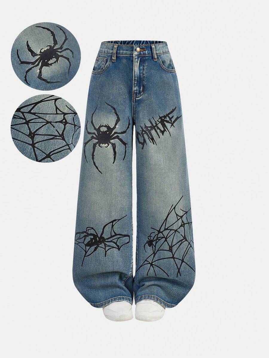 Girlism Jeans sueltos y cómodos con elementos de Halloween de estilo vintage y de la calle Y2K para niñas preadolescentes, con diseño de telaraña, para uso diario, invierno, otoño, festivales y en casa, ropa escolar - Lavado ligero - Ver 1