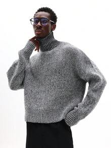 SUMWON 宽松版型混色高领粗针织套头毛衣，冬季舒适休闲针织衫