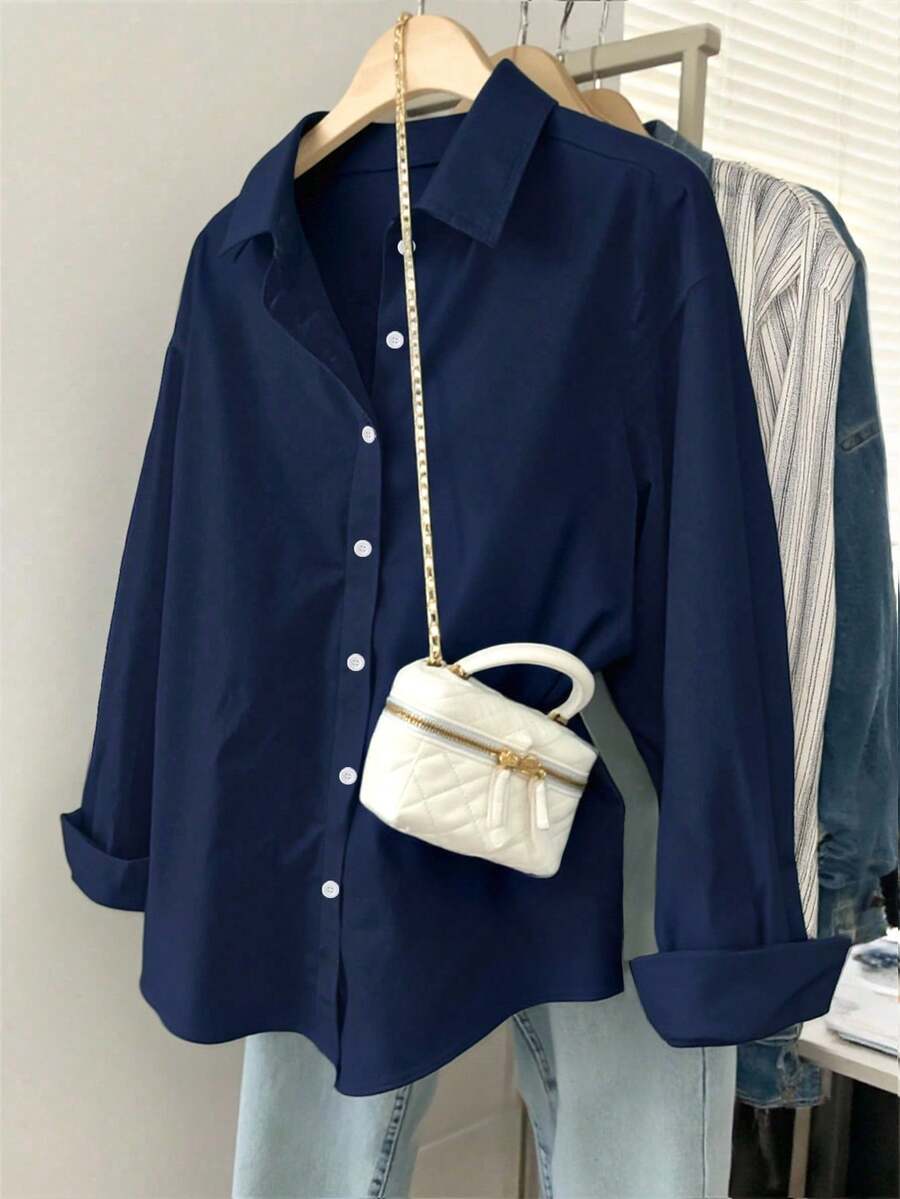 SHEIN 大码女式纯色落肩长袖单排扣休闲/工作衬衫 - 藏蓝色 - 查看 1