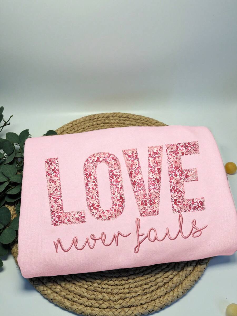 INAWLY 女士休闲爱心印花圆领常规卫衣 - 粉色 - 查看 1