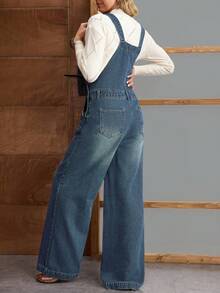 EMERY ROSE 女士宽松口袋阔腿休闲牛仔连体裤 - 藍色 - 查看 2