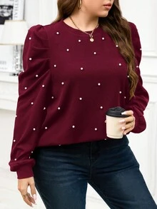 SHEIN Clasi 优雅加大码女式卫衣，饰有串珠泡泡袖，圆领，秋冬款 - 酒紅色 - 查看 4
