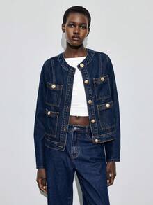 Maija 女士秋冬单排扣长袖多口袋休闲牛仔夹克，适合都市通勤和商务休闲场合 - 中等水洗藍 - 查看 3