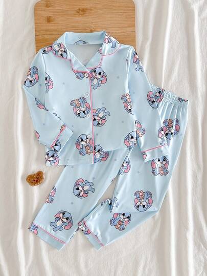 2件套可爱卡通兔子印花长袖休闲宽松舒适睡衣，适合小女孩