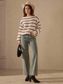 SHEIN LUNE 休闲撞色条纹蝙蝠袖毛衣，秋冬款 - 彩色 - 查看 5