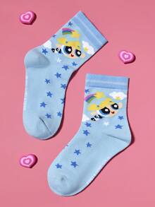 THE POWERPUFF GIRLS X SHEIN 3 Pairs Girls Cotton Soft & Breathable Moisture-Wicking Toddlers & Kids Mid-Calf Socks Colorful Cute Cartoon Crew Socks Reinforced Toe & Heel For Durability All Seasons All-Match School & Outdoor Summer Winter,Gift Ideas