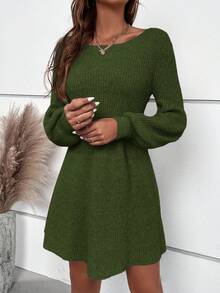 SHEIN Clasi 女士纯色圆领长袖休闲针织连衣裙，秋冬款 - 軍綠色 - 查看 3