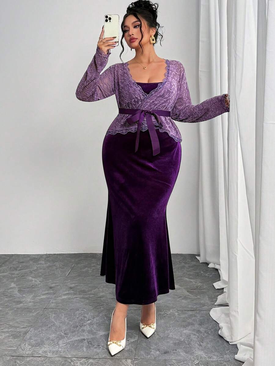 Modelyn Plus Size Women Floral Lace Long Sleeve Top And Spaghetti Strap Dress Elegant 2 Pieces Set - Multicolor - View 1