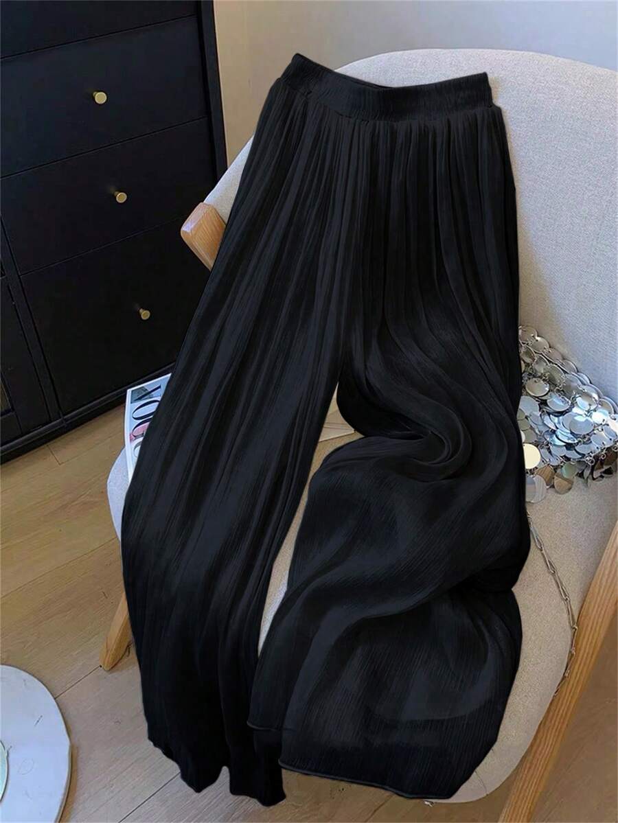 SHEIN LUNE Women's Solid Color Pleated Wide Leg Loose Elastic Waist Long Pants, Summer Fall Cloth For Women - Black - View 1