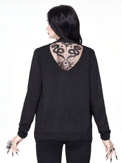 Goth Gothic Floral & Snake Skin Print Mesh Patchwork Lightweight Cardigan For Women