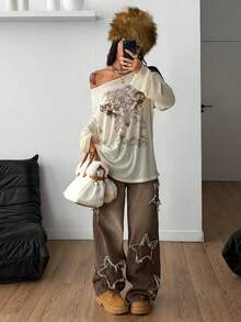 Coolane Áo thun tay dài hở vai cổ lệch thoải mái phong cách Goth Grunge Y2K Cupid dành cho nữ mùa xuân, X Rafael Machado - Màu be - Xem 2