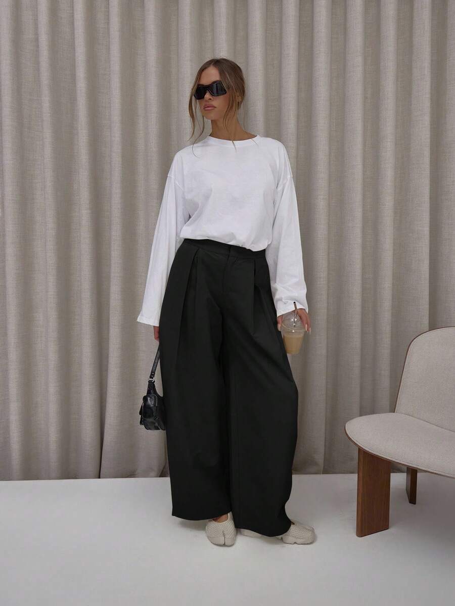 MUSERA 褶裥阔腿灯笼裤套装，优雅可爱性感街头风，适合夜间外出派对 - 黑色 - 查看 1