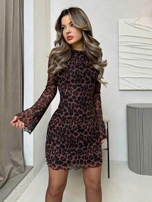 Jemour Women's Leopard Mesh Bell Sleeve Mini Dress,Summer Dresses For Women - Multicolor - View 5