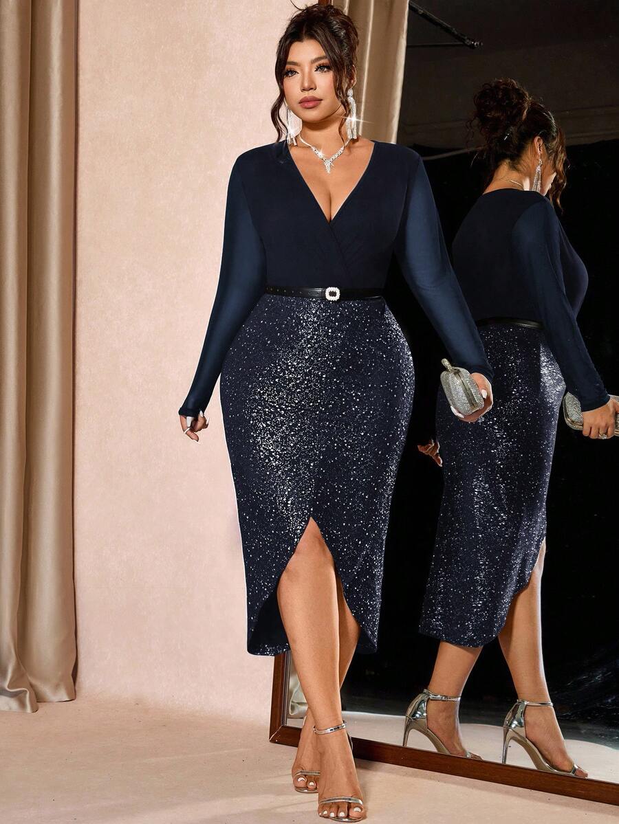 Cravure 大码女式V领长袖修身连衣裙，多功能显瘦拉长身形，适合日常穿着和奢华派对。 - 藏蓝色 - 查看 1