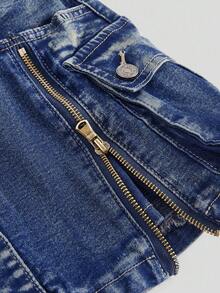 ROMWE Kawaii 大码韩流Y2K千禧年复古水洗低腰迷你牛仔裙，休闲秋冬女式牛仔裙 - 中等水洗藍 - 查看 3