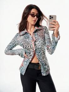 Chiquease Elegant Sexy Leopard Print Digital Printing Slim Fit Long Sleeve Blouse For Women, Spring/Autumn - Multicolor - View 7