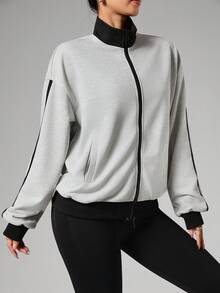 Dewbera 女士落肩长袖拉链宽松运动夹克 运动服夹克 健身夹克 瑜伽夹克 健身夹克 运动套装 女式夹克 - 淺灰色 - 查看 7