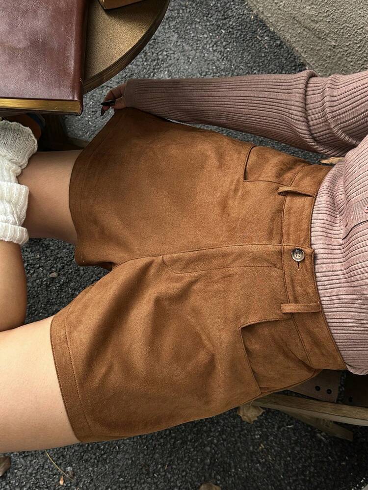 Dazy Plus Plus Size Women Thickened Suede Straight Leg Casual Shorts, Street Style, Autumn/Winter