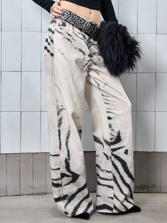 J-Fashion Vintage Fashionable Loose Straight Leg Gradient Zebra Print Jeans, Unisex