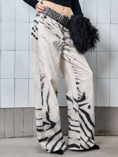 J-Fashion Jeans vintage à jambe droite ample avec imprimé zébré dégradé, unisexe