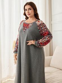 Lacomfia Casual Print Patchwork Loose Fit Round Neck Raglan Sleeve Dress, Plus Size, Spring/Autumn - Multicolor - View 4