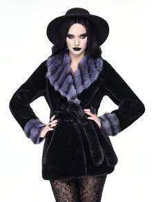 ROMWE Grunge Punk Women's Contrast Color Lapel Long Sleeve Belted Faux Fur Jacket - Black - View 10
